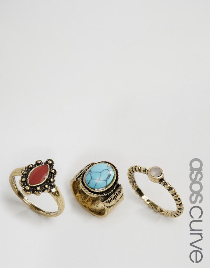 Asos Curve Pack Of 3 Bandit Stone Ring Pack - Burnished Gold