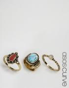 Asos Curve Pack Of 3 Bandit Stone Ring Pack - Burnished Gold