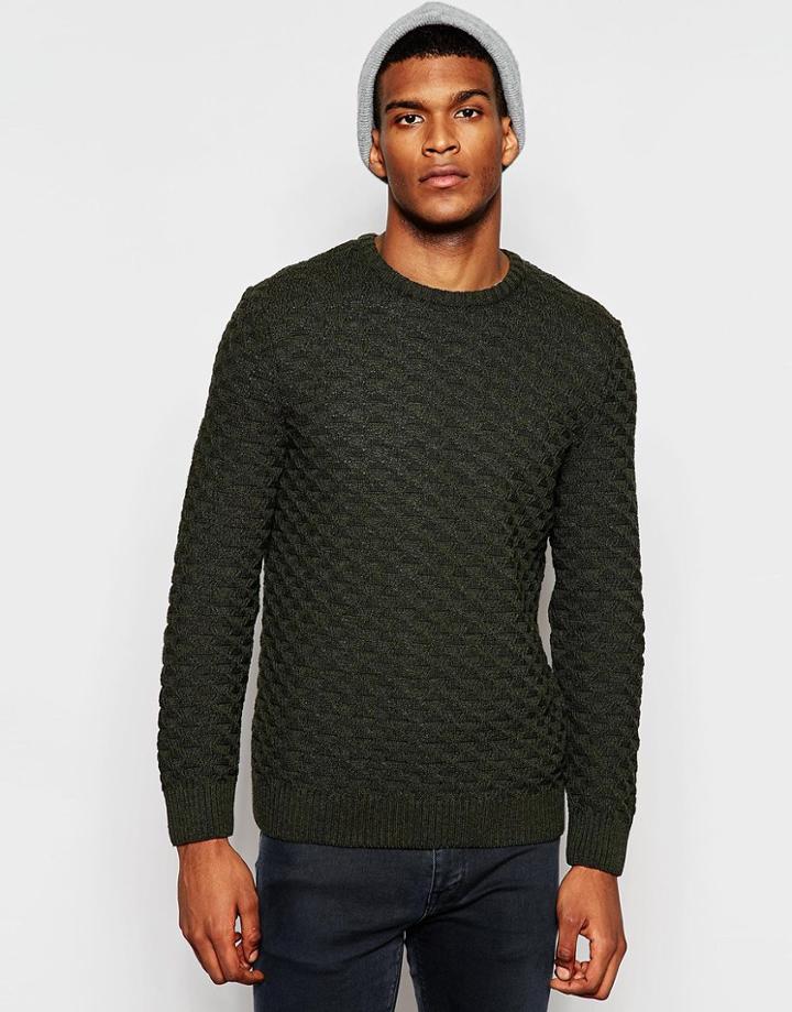 Asos Crew Neck Sweater With Textured Knit - Khaki