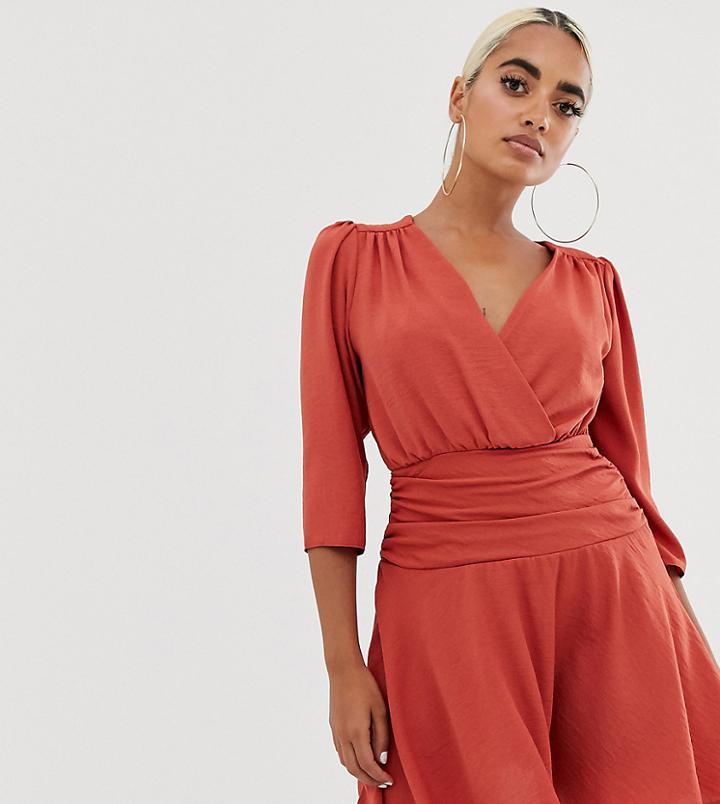 Asos Design Petite Wrap Mini Dress With Ruched Waist-red