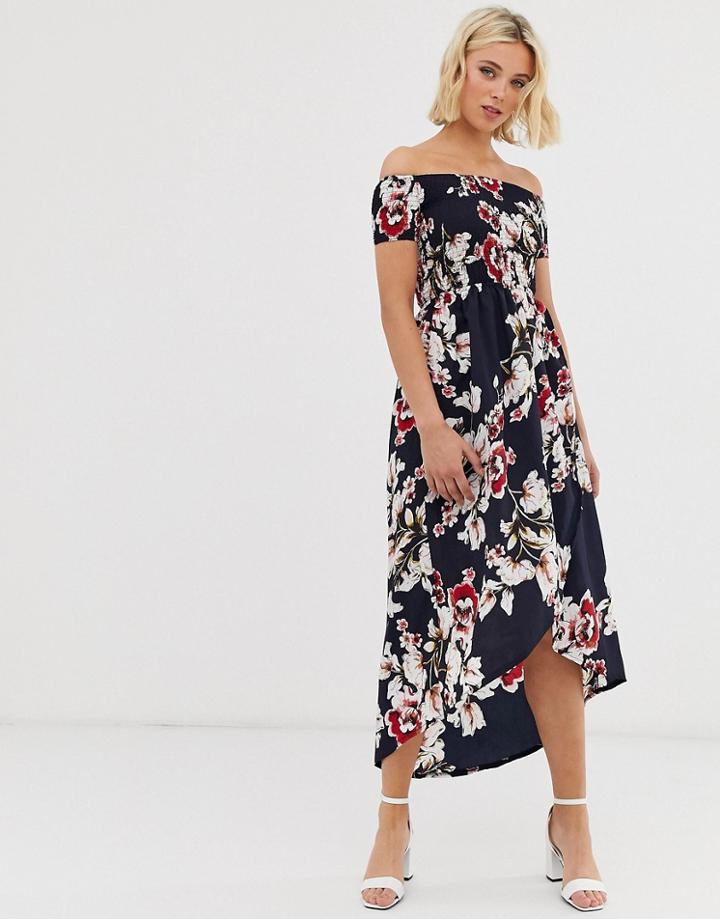 Parisian Off Shoulder Midi Dress In Floral Print-multi