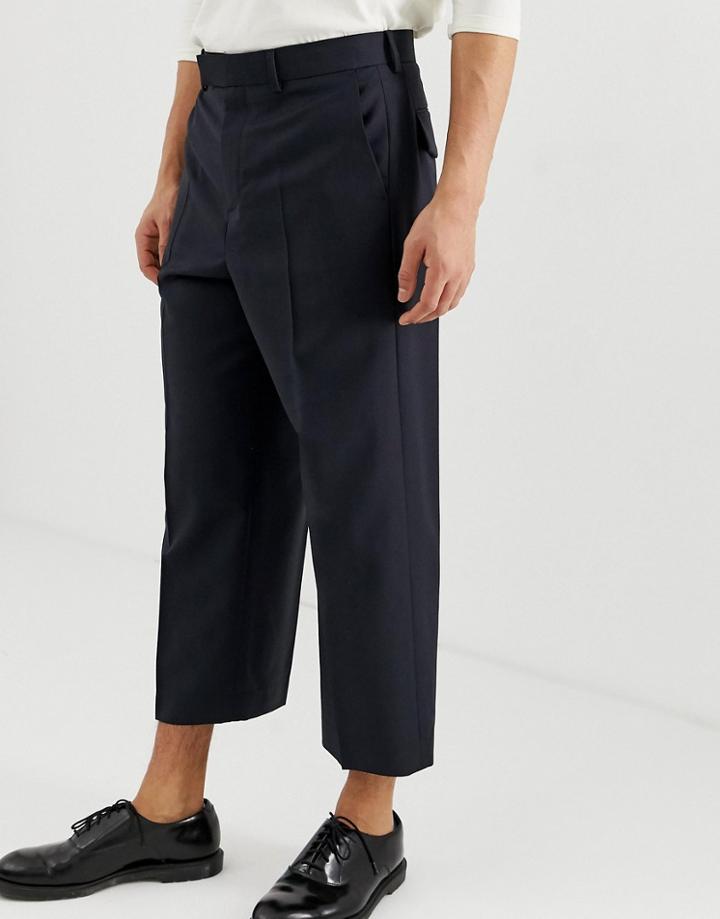 Asos Design Wide Leg Crop Smart Pants In Navy 100% Wool