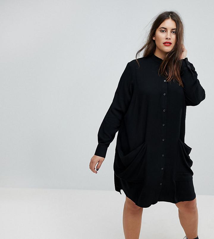 Asos Curve Shirt Midi Dress With Drape Pockets - Black