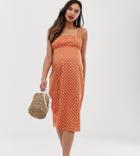 Asos Design Maternity Ruched Bust Midi Sundress In Rust Spot-multi