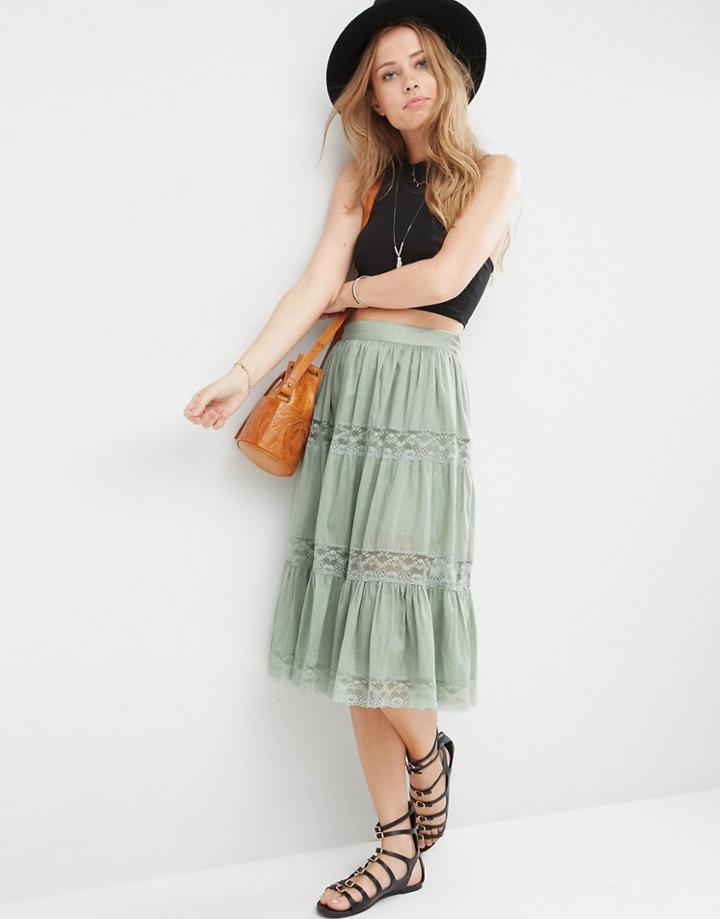 Asos Midi Skirt With Lace Inserts And Tiering - Sage