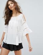 Moon River Cold Shoulder Drapy Top With Lace Trim - Cream