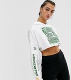 Crooked Tongues Oversized Crop Hoodie With Raw Hem In White With Front And Sleeve Print - White