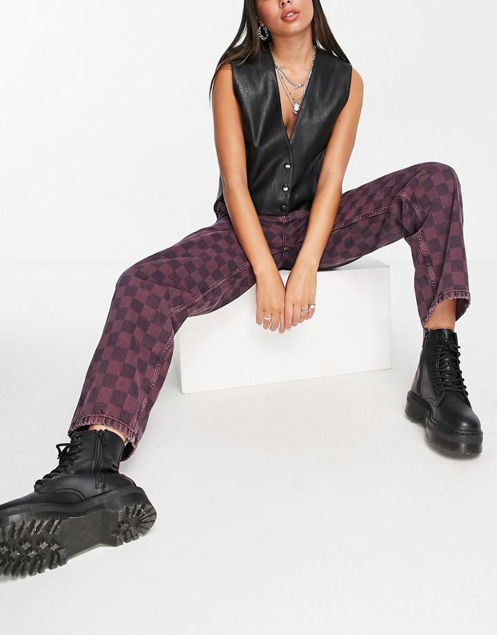Topshop Os Mom Recycled Cotton Blend Jean In Purple Check