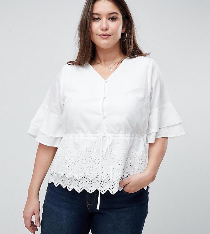 Fashion Union Plus Tea Blouse With Broderie Trims - White