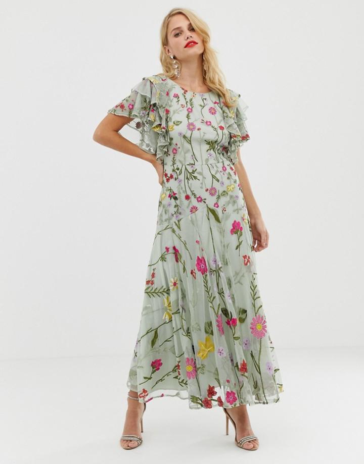 Asos Edition Bloombox Midaxi Dress With Frill Sleeve-pink