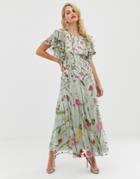 Asos Edition Bloombox Midaxi Dress With Frill Sleeve-pink