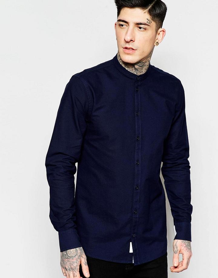 Minimum Shirt With Grandad Collar In Navy In Slim Fit - Navy