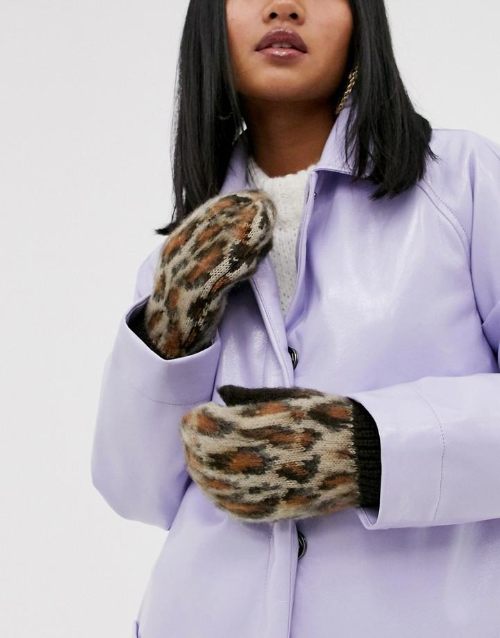 Asos Design Leopard Fluffy Mittens Gloves-brown