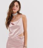 One Above Another Asymmetric Cami Top With Cowl Neck In Satin Two-piece - Pink