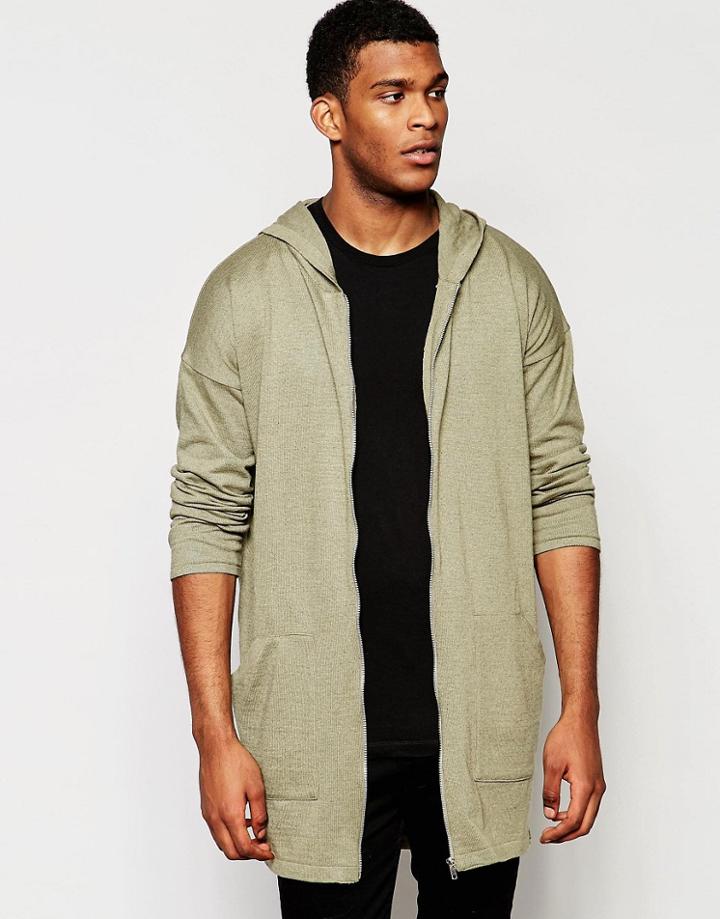 Asos Longline Knitted Parka In Khaki - Green
