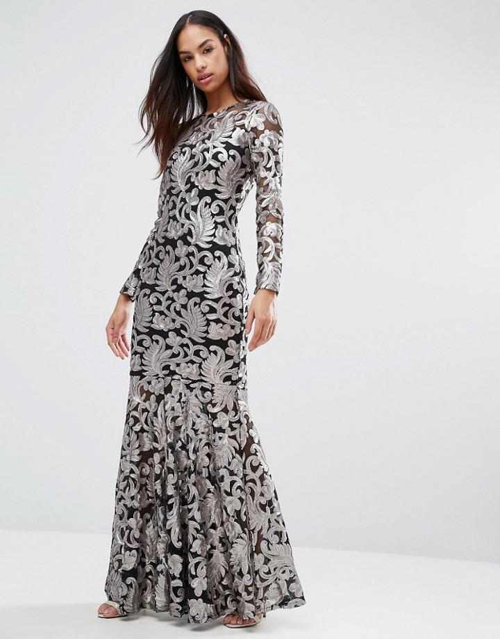 Club L Brocade Sequin Fishtail Maxi Dress With Long Sleeves - Black