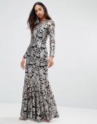 Club L Brocade Sequin Fishtail Maxi Dress With Long Sleeves - Black