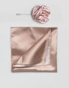Gianni Feraud Wedding Satin Floral Lapel Pin With Pocket Sqaure - Pink