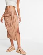 Asos Design Midi Skirt With Drape Detail In Tan-brown