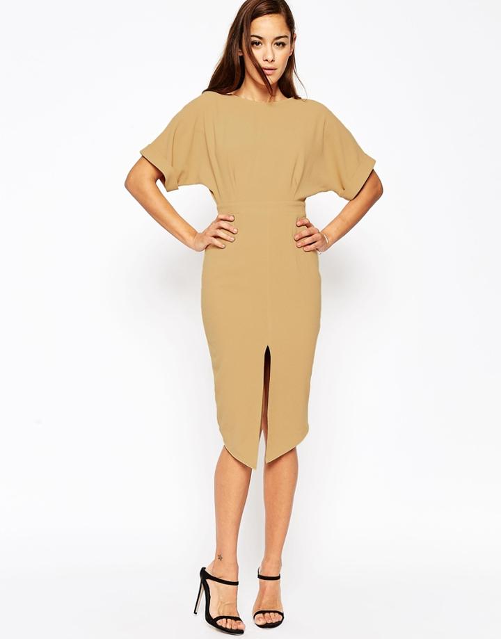 Asos Wiggle Dress With Split Front - Camel