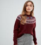 Fashion Union Petite Sweater With Fairisle Placement - Red