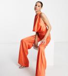 Asos Design Tall Satin Cowl Neck Halter Jumpsuit In Orange-gold