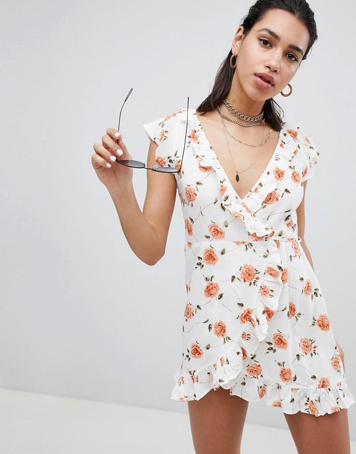 Motel Wrap Front Dress In Romantic Rose Print - Pink
