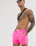 Asos Design Swim Short In Washed Neon Pink Short Length - Pink