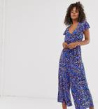 Asos Design Tall Button Front Frill Sleeve Jumpsuit With Cut Out Back In Animal Print - Multi