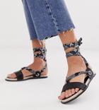 Miss Selfridge Flat Sandals With Snake Ankle Ties In Black - Multi