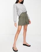Asos Design Pleated Front Linen Wide Leg Shorts In Khaki-green