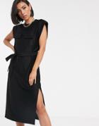Asos Design Utility Pocket Sleeveless Belted Midi Dress - Black
