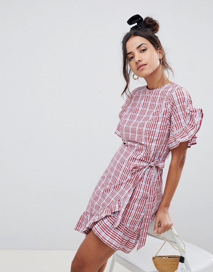 Asos Design Wrap Front Skater Mini Dress In Gingham - Multi