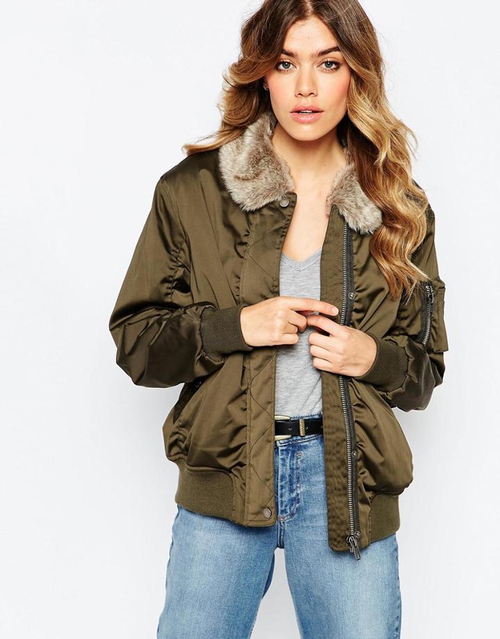 Asos Bomber Jacket With Faux Fur Collar - Khaki