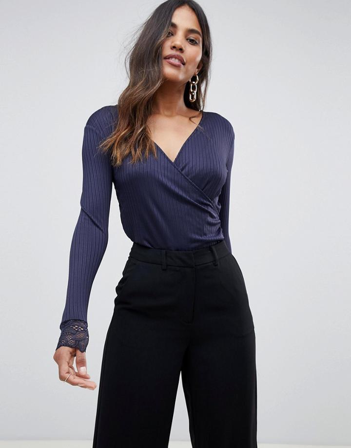 Y.a.s Blace Wrap Blouse With Lace Cuffs - Navy