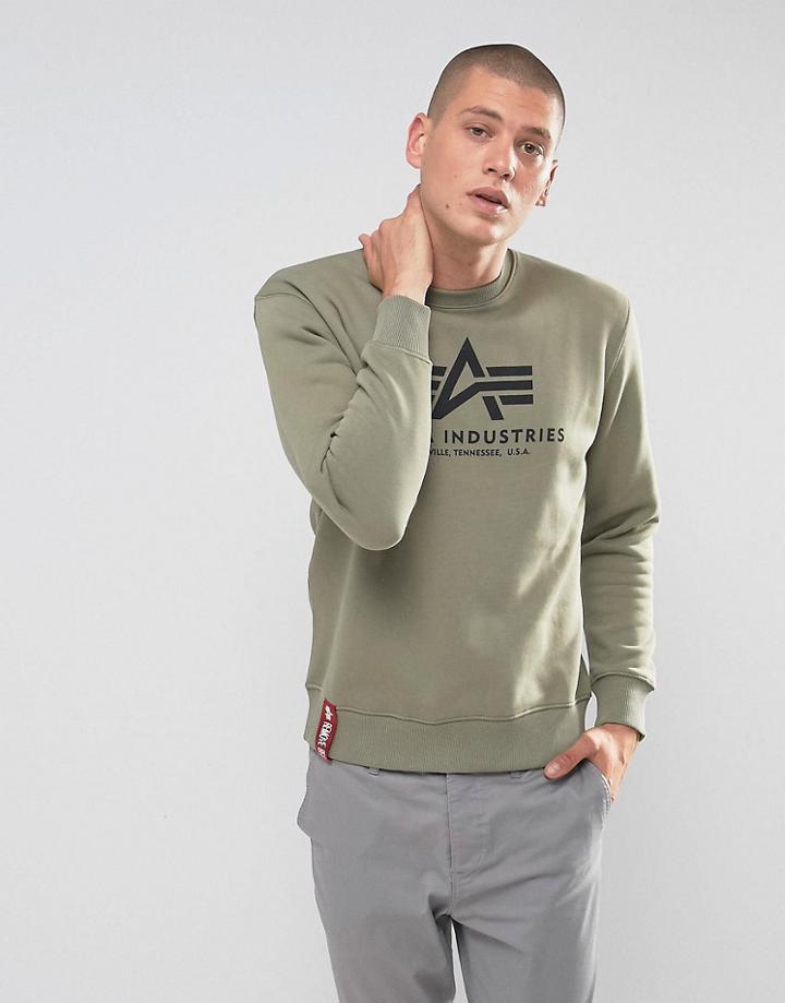 Alpha Industries Logo Crew Sweatshirt In Olive - Green