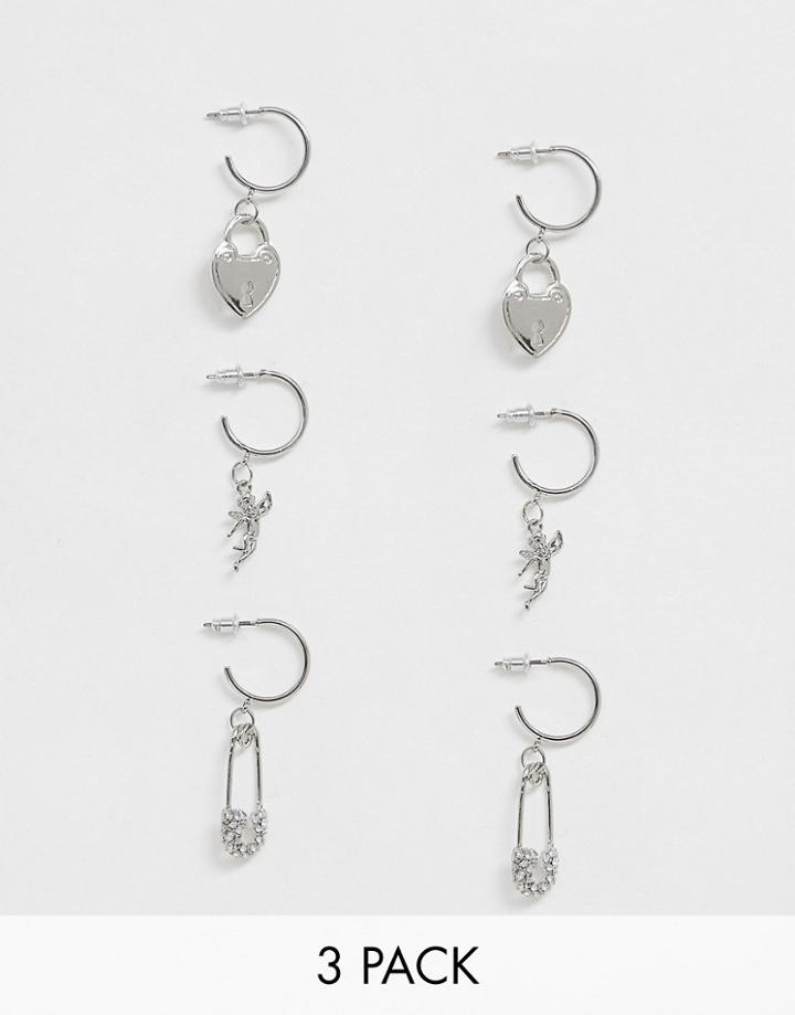 Asos Design Pack Of 3 Hoop Earrings With Hanging Charms In Silver Tone