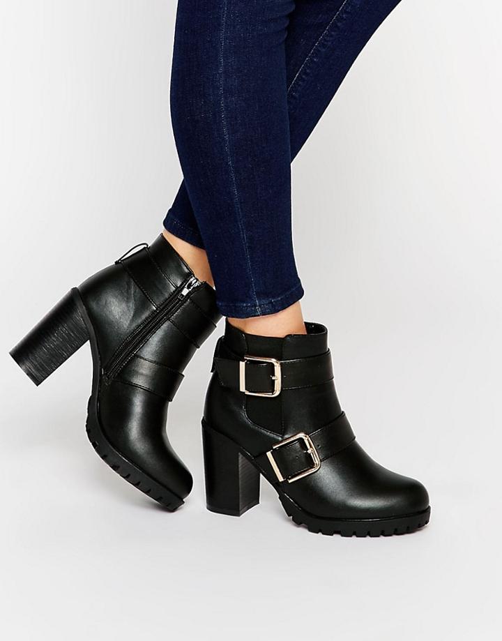 Park Lane Buckle Strap Heeled Ankle Boots - Black
