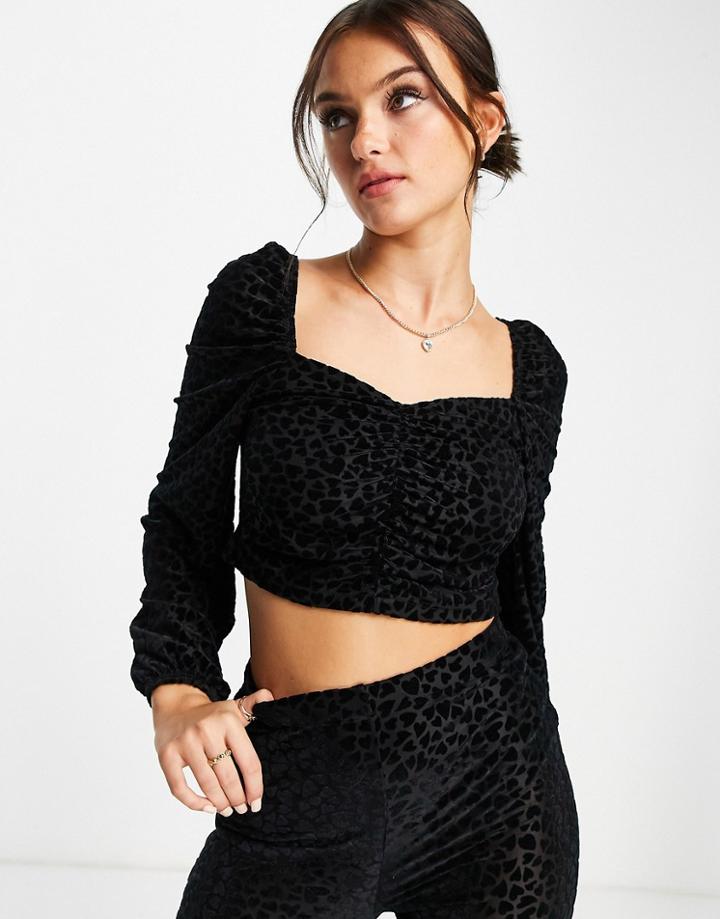Miss Selfridge Long Sleeve Heart Burnout Ruched Front Top-black