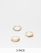 Asos Design Pack Of 3 Rings In Multicolor Crystals In Gold - Gold