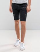Asos Denim Shorts In Super Skinny Black With Zips And Abrasions - Black