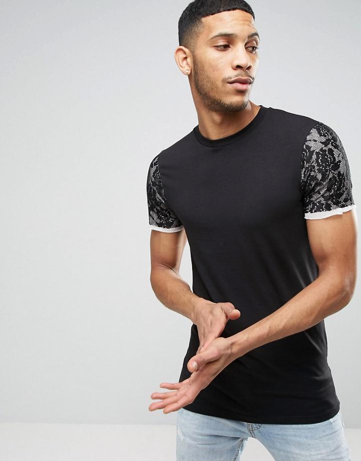 Asos Longline Muscle T-shirt With Lace Sleeves - Black