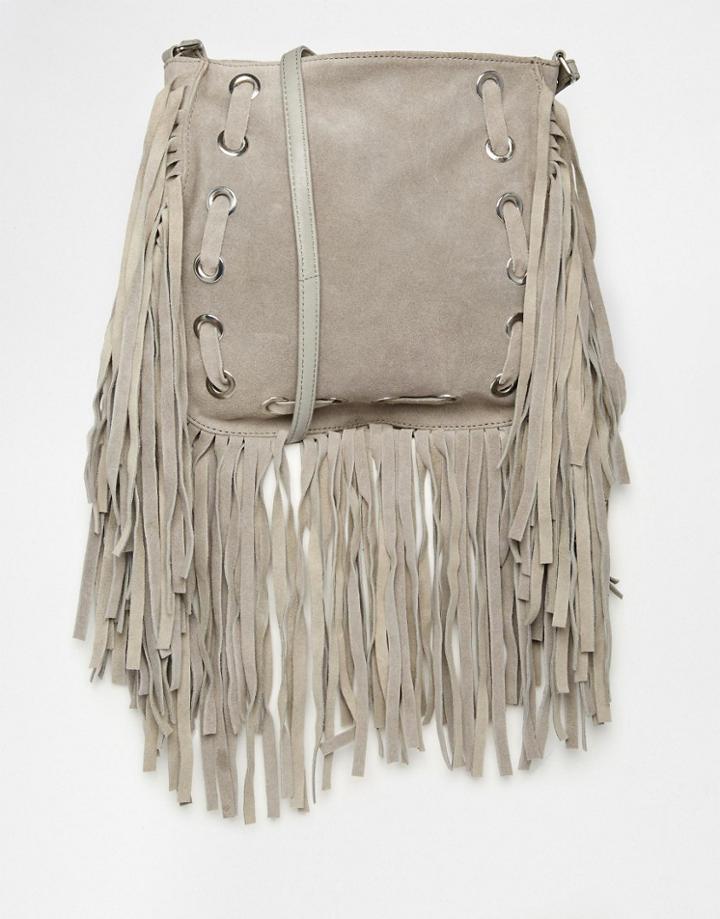 Asos Suede Eyelet Fringed Shoulder Bag - Gray