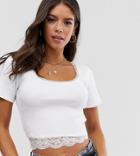 Asos Design Tall Fitted Rib Top With Scoop Neck And Lace Trim-white