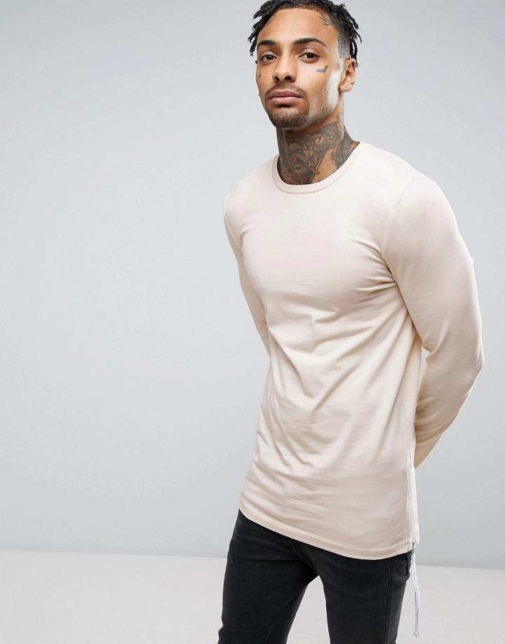 Asos Longline Muscle Long Sleeve T-shirt With Side Zips - Beige