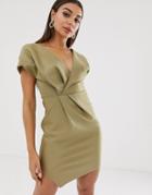 Asos Design Self Stripe Tuck Detail Asymetric Mini Dress - Green