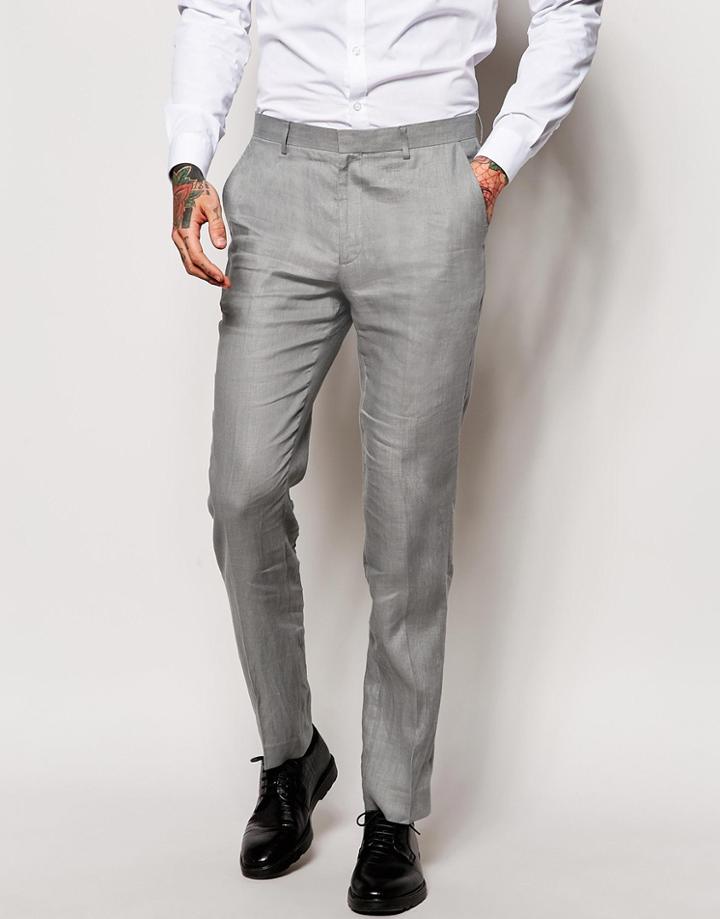 Asos Slim Fit Suit Pants In 100% Linen - Gray