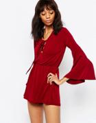 Wal G Romper With Lace Up Detail - Wine