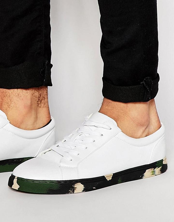 Asos Lace Up Trainers In White With Khaki Camo Sole - White