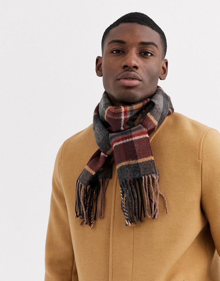 Moss London Scarf In Classic Gray Burgundy And Camel Check